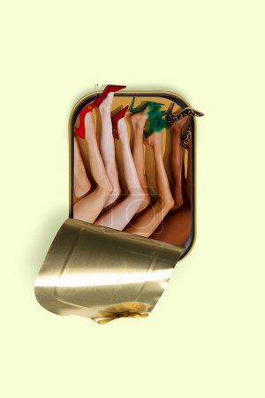 Contemporary art collage. Idealized body type. Assortment of female legs wearing high heels, whimsically protruding from sardine can. Concept of femininity, female health, beauty, human rights, unity
