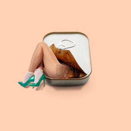 Contemporary art collage. Femininity packaged and presented for consumption. Female legs in high heels emerging from sardine can. Concept of female health, beauty, human rights, unity