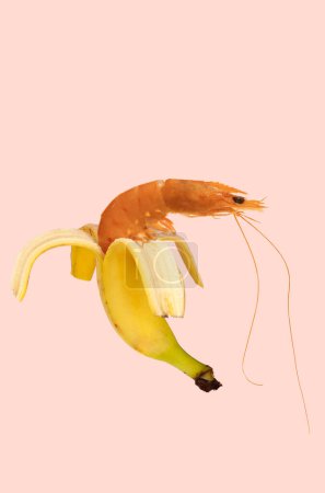 Contemporary art collage. Familiar with unexpected. Shrimp perched atop peeled banana against pastel pink background. Concept of femininity, female health, beauty, human rights, unity