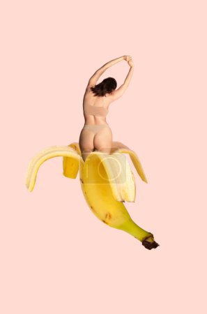 Contemporary art collage. Human vitality with fruitfulness of nature. Woman in beige underwear stretches atop banana. Concept of femininity, female health, beauty, human rights, unity