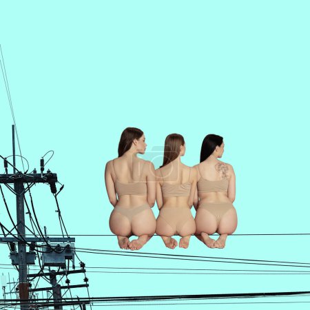 Contemporary art collage. Perched expectations. Delicate balance of feminine display Women in underwear seated on utility wires, as birds on line. Concept of female health, beauty, human rights, unity