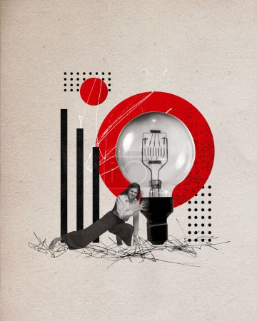 Contemporary art collage. Motivated young woman tries move huge light bulb off ground against light background, symbolizing start of new project. Concept of business development, startup, career. Ad