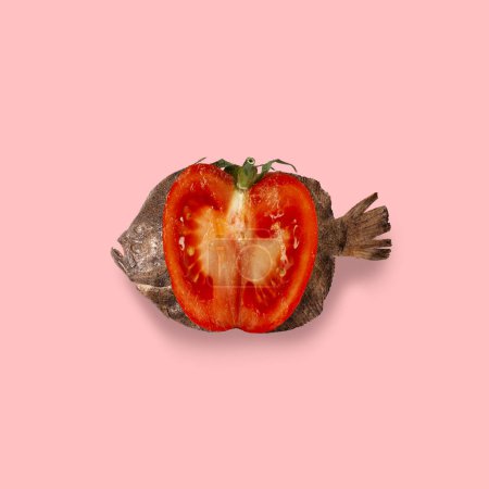Pescado con cuerpo de rodaja de tomate sobre un fondo rosa, simbolizando la modificación de los alimentos. Obra abstracta. Concepto de comida y bebida, nutrición, dieta, alimentación saludable, ecológico, vegetariano. Anuncio