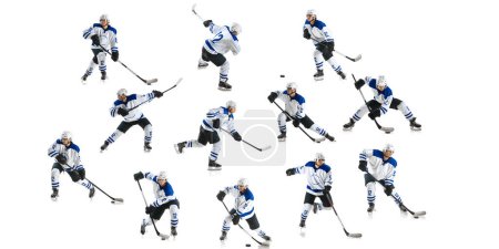 Photo for Set made of dynamic photos of competitive young man, hockey player in motion, playing, training on rink against white background. Concept of professional sport, competition, game, tournament, game. - Royalty Free Image