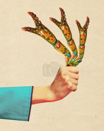 Photo for Contemporary art collage. Hand in blue sleeve holds claws like bouquet of flowers, symbolizing art as living, growing entity. Concept of creativity, imagination, inspiration, ideas. Ad - Royalty Free Image