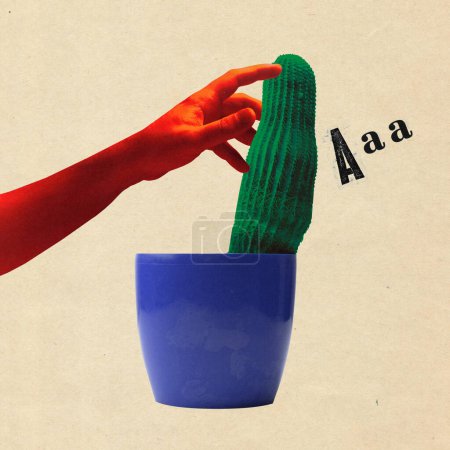 Contemporary art. collage. Red hand pinches green, textured cactus in blue pot with letter A floating beside. Concept of tactile curiosity and the boldness of exploration even when it risky or painful