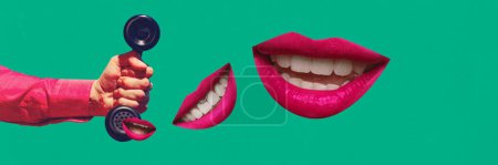 Photo for Contemporary art collage. Hand in a pink sleeve holding a phone receiver, leading to floating lips speaking on green background. Concept of communication, ideas, messages across space, inspiration - Royalty Free Image