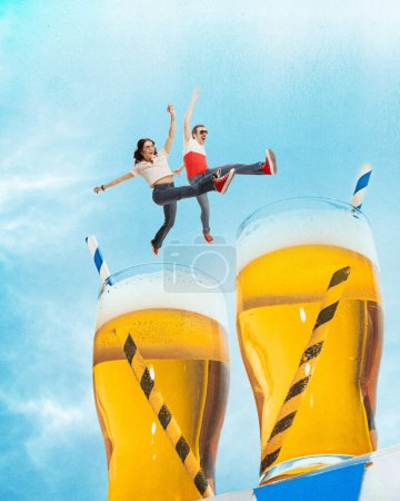 Photo for Contemporary art collage. Young man and woman jumping to huge mugs of foamy, cold, lager beer against cloudy sky. Concept of celebration, vacation, rest, Friday mood, summer time, fun and joy. - Royalty Free Image