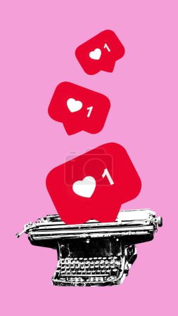 Photo for Poster. Contemporary art collage. Vintage typing machine in black and white filter typing signs of likes against pink background. Concept of social media, modern lifestyle, popularity. Ad - Royalty Free Image