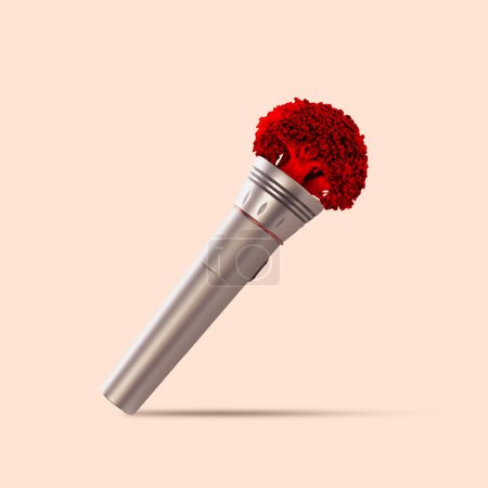 Contemporary art collage. Microphone with blooming red, vibrant broccoli on top. Potential for natural vitality in human-made environments. Concept of pop art, self-expression, hobby.