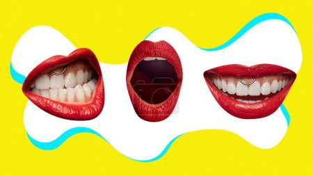 Photo for Contemporary art collage. Three mouths with red lipstick. Each mouth with different expression. Concept of pop art, beauty, smiles, joy, laughter, positive emotion. Trendy magazine style. - Royalty Free Image