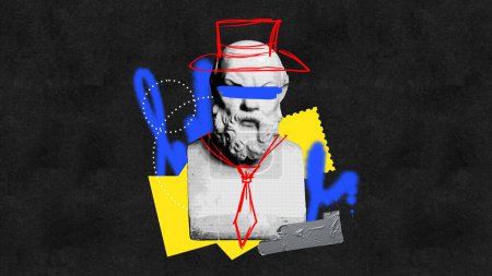 Photo for Monochromatic bust with red line-drawn accessories, set against textured black background with abstract yellow and blue shapes. Surreal art style. Concept of sculpture artwork, creativity, party - Royalty Free Image