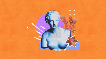 Photo for Contemporary art collage. Classic sculpture bust against orange background with abstract purple shapes and pink flowers and foliage. Surreal style. Postmodernism. Concept of creativity, urban culture - Royalty Free Image