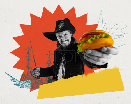 Photo for Poster. Image features cheerful pirate offering burger against background with silhouetted ships and explosive abstract shapes. Concept of food and drinks, delivery service. Trendy magazine style. Ad - Royalty Free Image