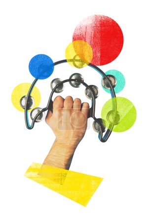 Poster. Contemporary art collage. Abstract tambourine against colorful shapes representing traditional and digital music blend. Trendy design. Concept of concert and parties, classic and modern art.