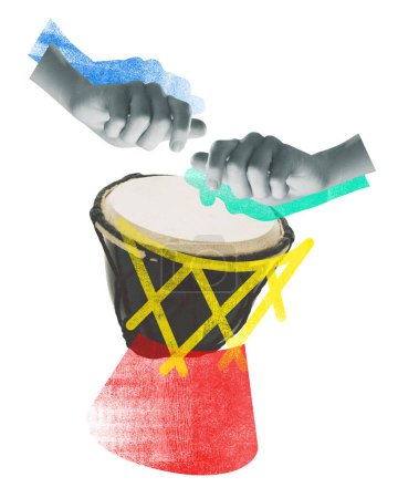 Poster. Contemporary art collage. Hands playing red and yellow drum, captures energy and rhythm in music sound. Concept of concert and parties, fusion of classic and modern art.