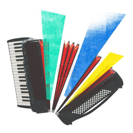 Poster. Contemporary art collage. Accordion with colorful dynamic shapes symbolizing musical traditions passed down from generation to generation. Concept of fusion of classic and modern art.