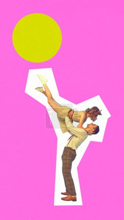 Poster. Contemporary art collage. Duet young man and woman dancing with improvisation hustle in retro clothes. Concept of carefree, music rhythm, party, disco. Trendy magazine style. Ad