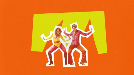Plakat. Collage zeitgenössischer Kunst. Talentierte Männer und Frauen tanzen paarweise energiegeladene Tänze im Stil der 80er Jahre vor lebendigem Hintergrund. Konzept der Unbekümmertheit, Musikrhythmus, Party. Trendiger Zeitschriftenstil. Anzeige