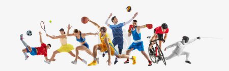 Banner. Sport collage. Athletes in action, soccer, tennis, basketball, boxing, cycling and fencing against white background. Concept of healthy lifestyle and professional sport, team, fitness. Ad