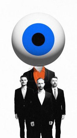 Poster. Contemporary art collage. Group of men with unrecognizable person with eyeball instead of head. Black and white. Concept of propaganda, manipulation, control, mental pressure. Surreal artwork.