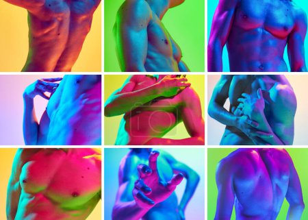 Photo for Collage. Muscular build young man posing shirtless in colorful neon light against multicolored background. Concept of male health, masculinity, fitness, self care, natural beauty. Ad - Royalty Free Image