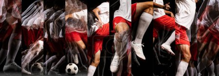 Collage. Jugador de fútbol corriendo. Las imágenes muestran momentos de mezcla de patadas, carreras y jugadas estratégicas en movimiento difuminando el estilo visual. Concepto de deporte profesional, competición, torneo, movimiento, acción