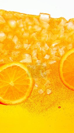 Poster. Textured photo. Festive arrangement of citrus fruit, orange slices floating in celebratory drink. Abstract wallpaper. Concept of food and drinks, summer, vitamins, nutrition, dieting.