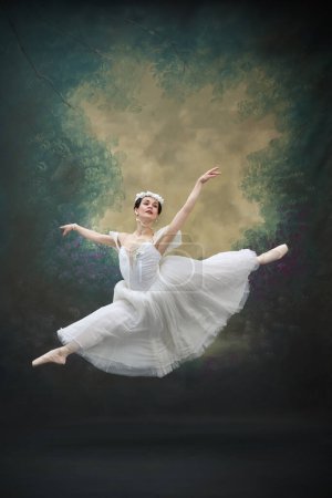 Ballerina in white dress, frozen in mid-air as she performs ballet leap. Dancer in scene of famous performance against vintage style background. Concept of art, fusion of classic and modernity. Ad