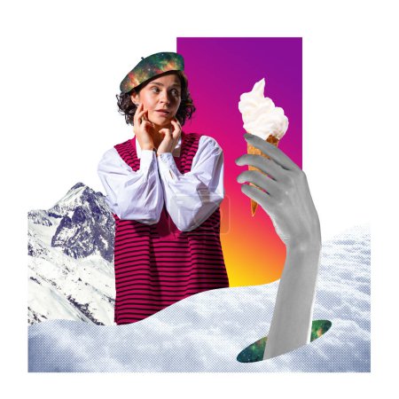 Contemporary art collage. Exploring new horizons. Young woman dressed in retro outfit stands amidst mountain covered by snow, landscape. Concept of travelling, journey, adventure, inspiration