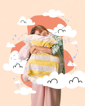 Contemporary art collage. Young woman in pajama holding huge, soft pillow and sleeping surrounded fluffy clouds as sweet dreams. Concept of dreams, imagination, education, leisure, big future. Ad