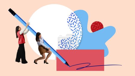 Contemporary art collage. Two women collaborate to hold giant blue pencil, signing large red document. Important business agreements. Concept of acquisition, partnership, customer service.