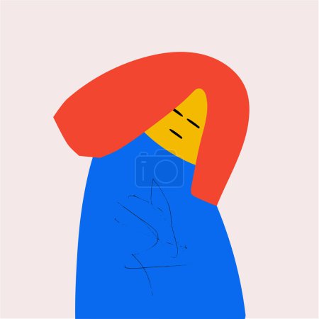 Zeitgenössische abstrakte Kunstwerke. Frau mit roten Haaren und blauem Mantel steht mit geschlossenen Augen da und scheint sich in Gedanken zu verlieren. Vektorillustration im surrealistischen Stil. Konzept von Gen Z, Kultur.
