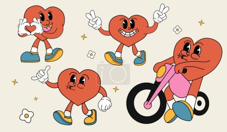 Vector illustration. Cool groovy stickers with heart. Trendy Pop Art set. Colorful retro cartoon label shape collection. Stylish retro 60s 70s cartoon style. Concept of nostalgic vintage, art.