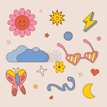 Vector illustration. Collection of funny, colorful stickers, sun, sunglasses, clouds, butterfly, moon in cartoon, y2k, trendy retro art style. Pastel palette. Concept of nostalgic vintage and art.