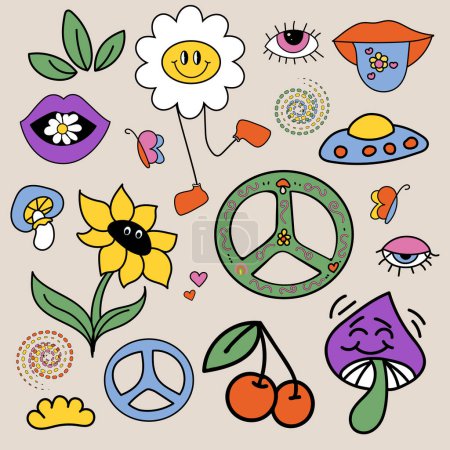 Vector illustration. Groovy hippie stickers set. Comic happy retro stickers, characters in trendy retro 60s 70s cartoon style. Collection. Concept of nostalgic vintage, art.
