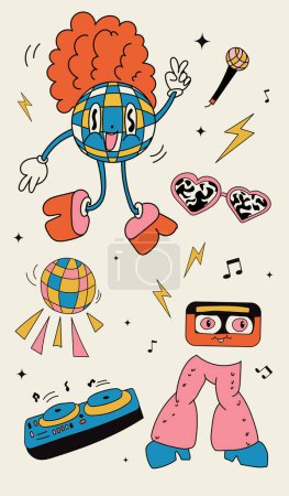 Vector illustration. Groovy hippie stickers set. Comic happy retro stickers, characters in trendy retro 60s 70s cartoon style. Collection in pastel palette. Concept of nostalgic vintage, art.