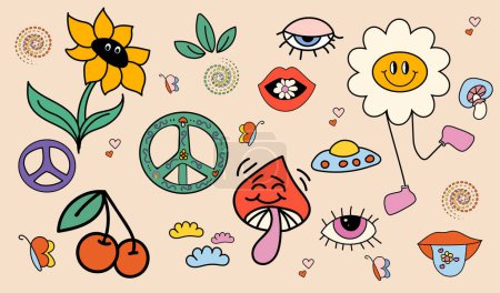 Vector illustration. Groovy hippie stickers set. Comic happy retro stickers, characters in trendy retro 60s 70s cartoon style. Set of trendy vintage y2k sticker icons. Concept of nostalgic vintage