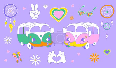 Vector illustration. Cool hipster, love stickers collection. Stylish retro 60s 70s cartoon style. Pastel color palette. Set of trendy vintage y2k sticker icons. Concept of nostalgic vintage, art.