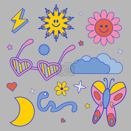 Vector illustration. Collection of funny, colorful stickers, sun, sunglasses, clouds, butterfly, moon in cartoon, y2k, trendy retro art style. Spring. Concept of nostalgic vintage art.