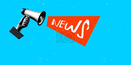 Vector illustration. Contemporary art collage. Female hand holding megaphone with news lettering isolated over blue background. Concept of creativity, mass media influence, information, news.
