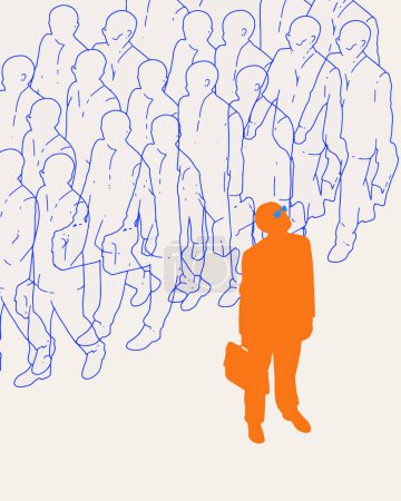 Photo for Contemporary art collage. Orange silhouette of individual stands out against crowd of blue outlined figures on light background. Concept of business, social issues, communication, connection. - Royalty Free Image
