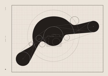 Ilustración vectorial. Composición abstracta de círculos negros y curvas sobre fondo cuadrado. Diseño minimalista. Concepto de bienes raíces y arquitectura, material educativo.
