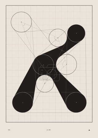Vektorillustration. Abstrakte Komposition schwarzer Kreise und geometrischer Figuren vor quadratischem Hintergrund. Minimalistisches Design. Konzept von Immobilien und Architektur, Bildungsmaterialien.