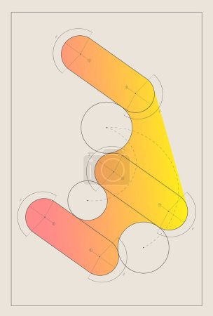 Vektorillustration. Minimalistisches Grafikdesign. Abstrakte Figur mit überlappenden orangen und gelben Formen und weiß umrandeten Kreisen. Konzept von Immobilien und Architektur, Bildungsmaterialien.