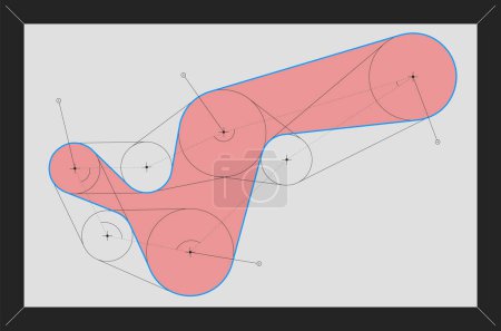 Vector illustration. Network of overlapping red shapes interconnected with circles and lines, forming abstract pattern. Concept of real estate and architecture, education material.