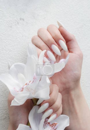 Téléchargez les photos : Belles mains d'une jeune femme avec manucure blanche sur les ongles. Les mains de fille tenant des fleurs blanches d'orchidée - en image libre de droit