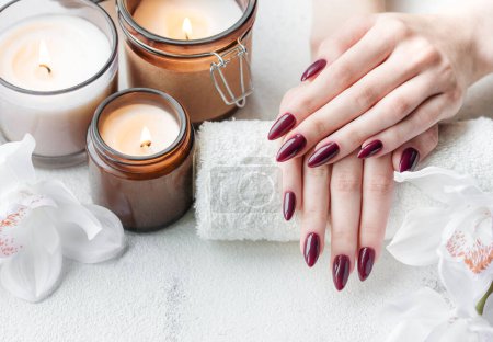 Foto de Hermosas manos de una joven con manicura de color rojo oscuro en las uñas. Las manos femeninas sobre la toalla en el salón de manicura, las velas y las flores blancas de orquídeas - Imagen libre de derechos