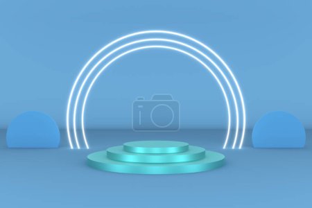 Foto de Plataforma 3d color azul para la etapa de fondo del producto o podio y plataforma de visualización en blanco con anillo círculo neón color blanco. representación de ilustración 3d - Imagen libre de derechos