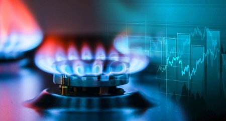 Natural gas cost growth concept with gas burners and stock charts